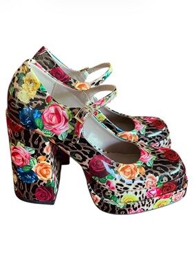 Floral Leopard Print Platform Mary Jane Heels - Multicolor